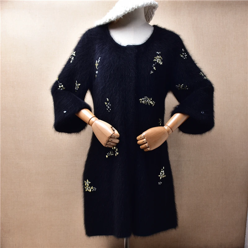 

Female Women Fall Winter Black Heavy Thick Beading Hairy Mink Cashmere Knitted Half Sleeves Slim Long Sweater Cardigans Jacket