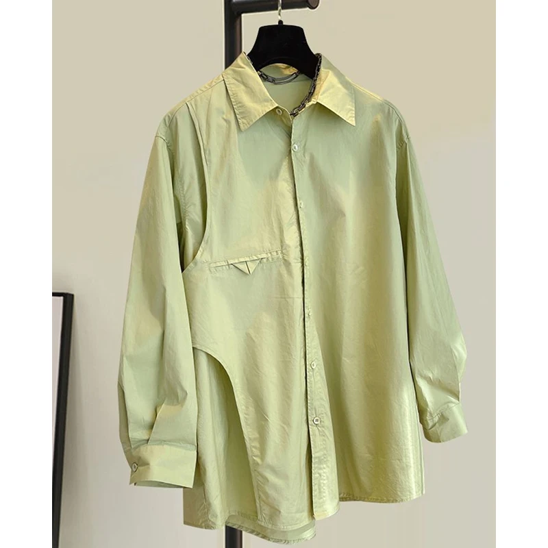 Spring Autumn New Solid Color Shirt Women Fashion POLO Collar Long Sleeve Button Cardigan Elegant Asymmetrical All-match Tops