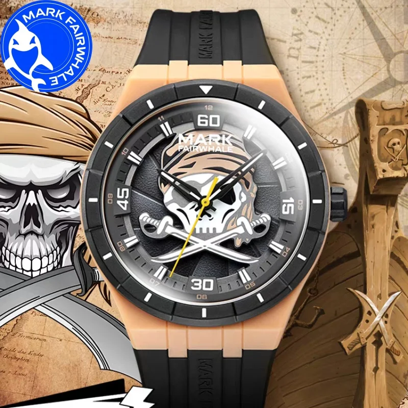 MARK FAIRWHALE Uhren für Herren, 5040, Kunstharzgehäuse, Trend, drehbares Piraten-Zifferblatt, Silikonarmband, wasserdichte Quarz-Armbanduhren, Geschenkbox