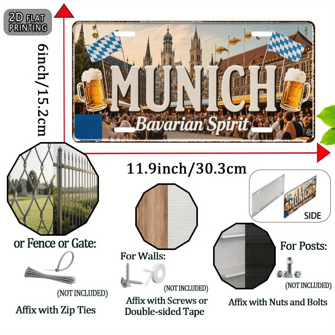 Munich Germany Bavarian Spirit Beer Festival Themed Aluminum Metal Sign 2D Flat Printing Distressed License Plate Style Wall Dec