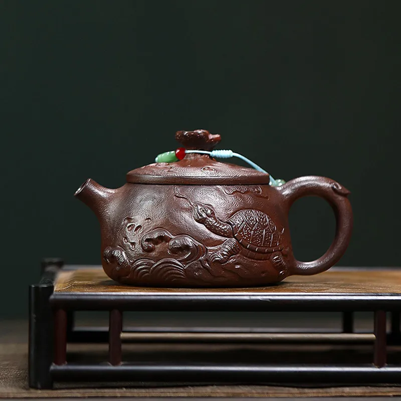 Chinese Yixing Purple Clay Teapot Hand-carved Turtle Tea Pot Raw Ore Old Purple Mud Kettle Handmade Zisha Tea Set Teaware 210ml