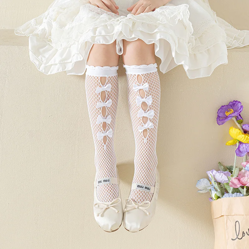 

6-12 Years Old Children's Nylon Fishing Net Knee Socks，Girl's Cute Lolita White Multiple Bow Mesh High Stockings