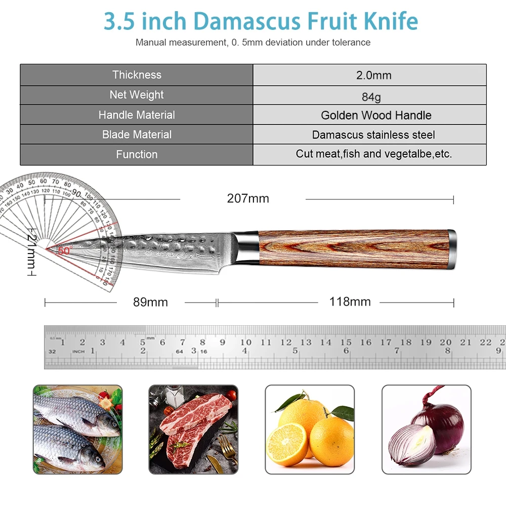 XITUO Ultra-sharp Paring Knife Damascus Utility Knife Japanese VG10 Steel Core Peeling Knife with Golden Wood Handle Fruit Knife