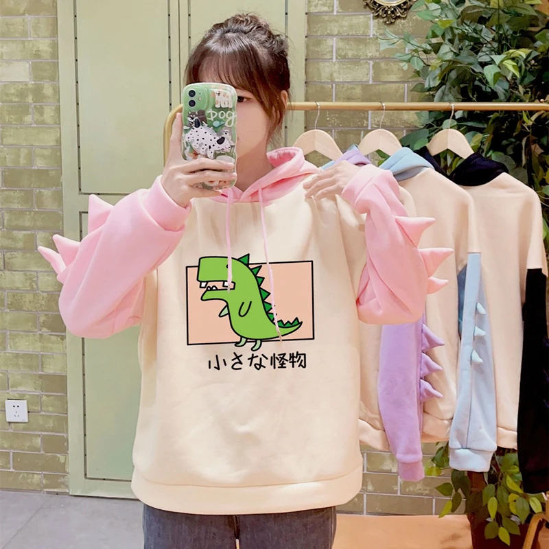 Y2K Style Women Dinosaur Hoodies Cute Horns Hooded Sweatshirts Autumn Winter Hawaii Pullovers Halloween Teenager Matching Wear