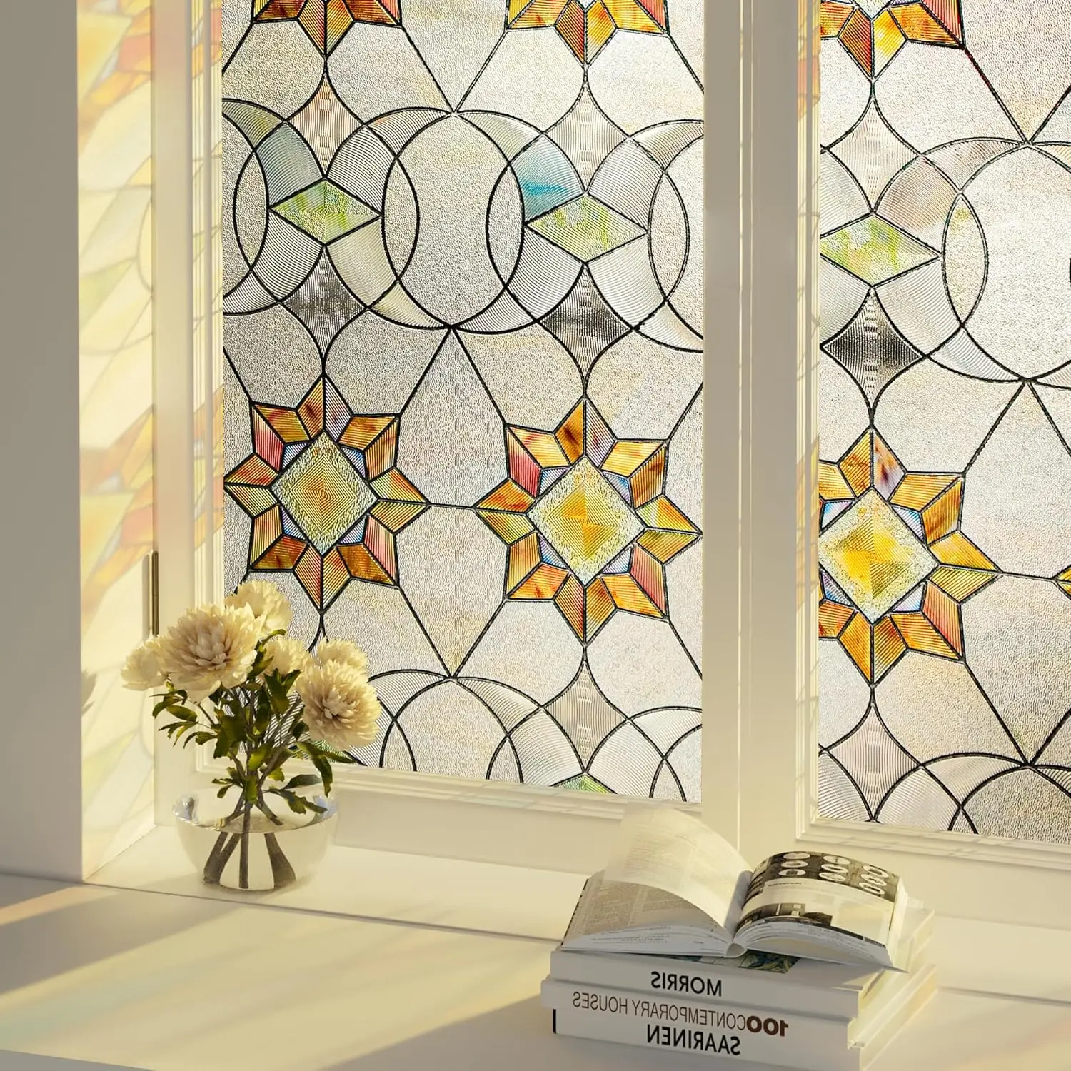 

3D Stained Glass Window Film - Static Cling Privacy & UV Blocking, Floral Geometry Pattern 35.4x78.7 (Reusable)
