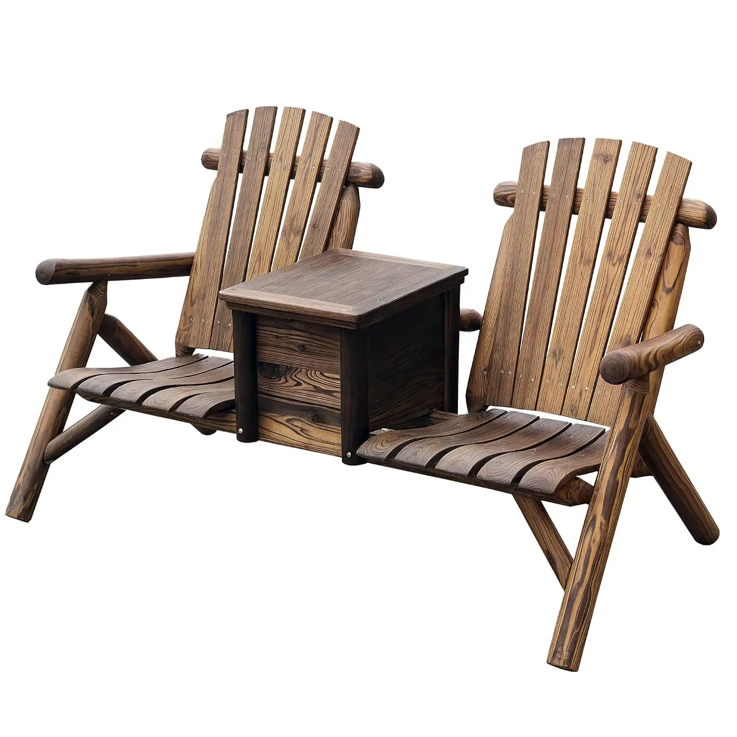 Double Wooden Adirondack Chair Bench, Ice Bucket, Rustic Brown