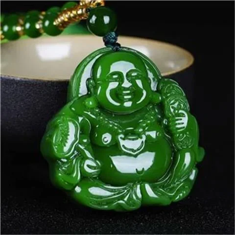 Chinese Green Jade Maitreya Buddha Pendant Necklace Charm Jadeite Jewelry Carved Amulet Fashion Accessories Gifts for Women Men