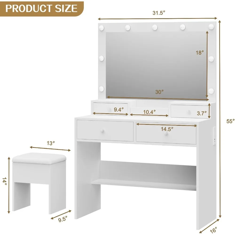 Vanity Desk Set with LED Mirror, Storage Chair, White Makeup Table