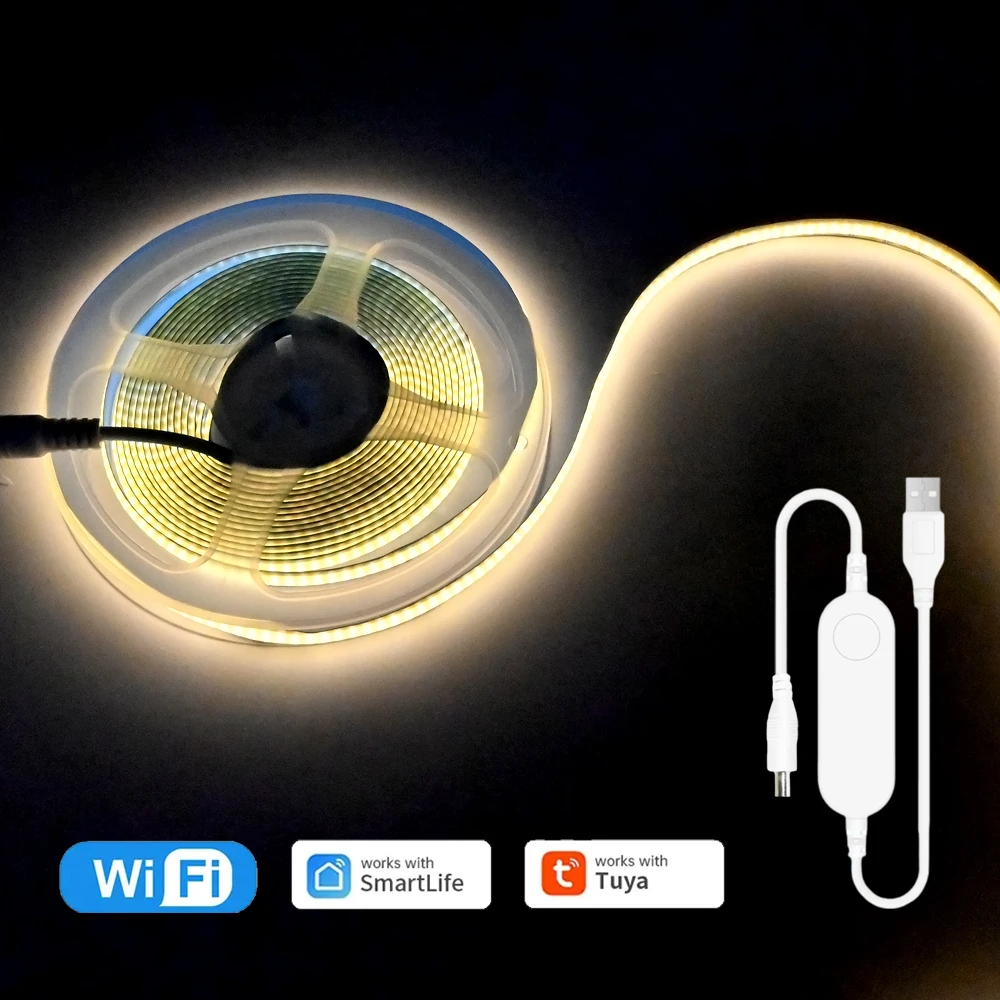 

USB Tuya WiFi COB LED Strip 5V 1m 2m 3m 4m 5m Warm White Flexible Dimmable Wardrobe Showcase Bedroom TV Lighting fr Alexa Google