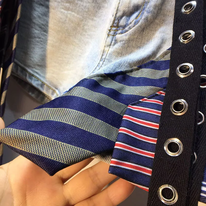 유럽풍 패션 반바지, 2025 여름 신상 스플라이싱 컬러 프린지 스트리머 하이웨이스트 얇은 탄성 데님 반바지 여성용, 핫팬츠