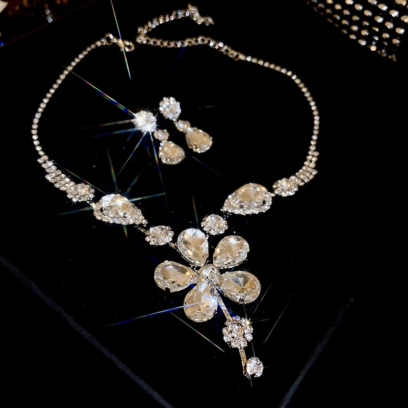 Large Water Drop Flower Necklace Earrings Set Shining Full Rhinestone Necklace For Women Bridal Wedding Party Jewelry Sets