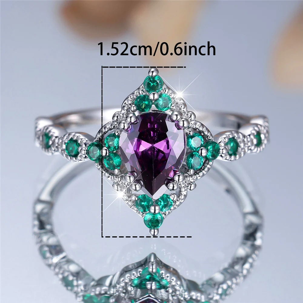 Trendy Pink Purpl Zircon Crystal Drop Stone Vintage Silver Gold Color Wedding Bands Engagement Rings For Women Jewelry