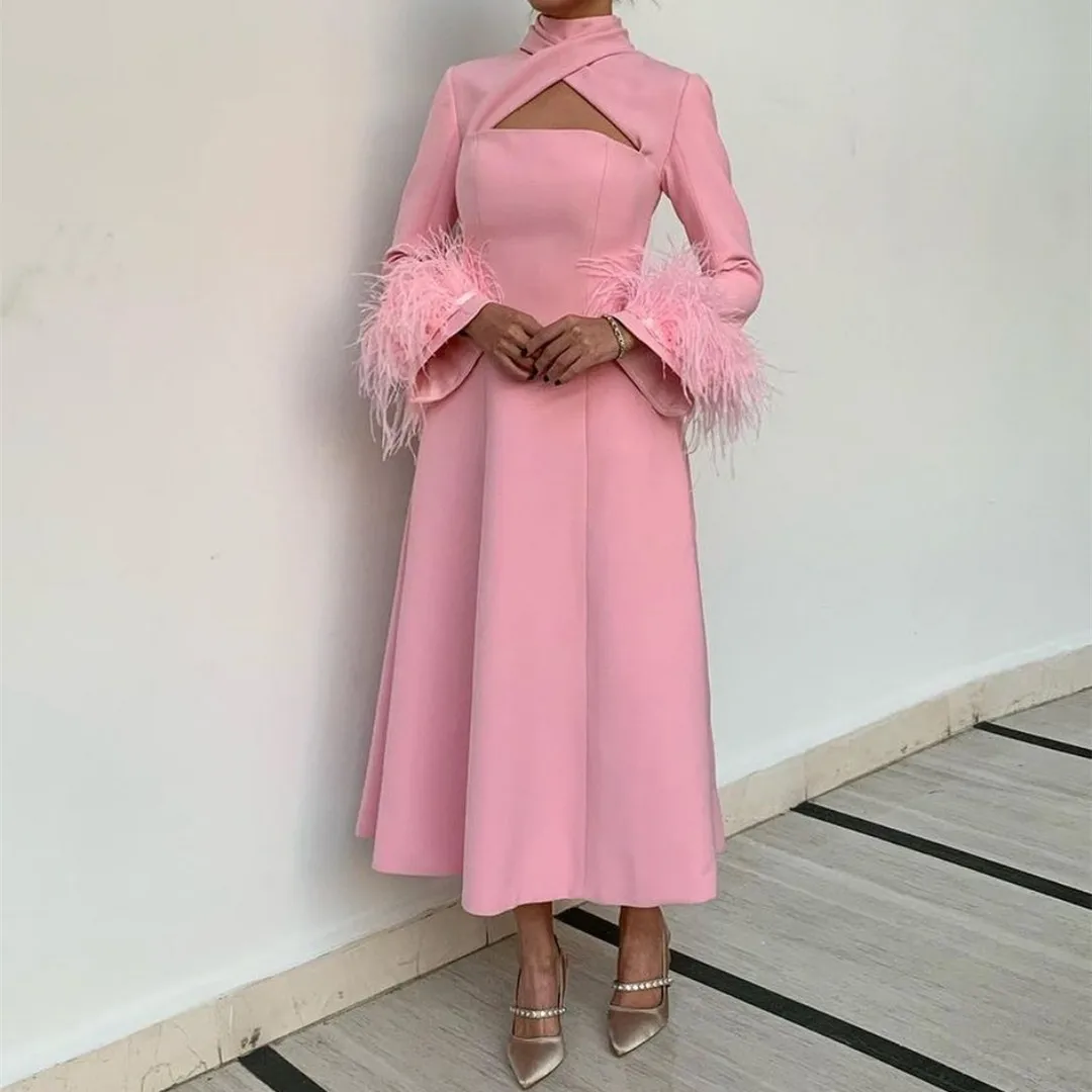 

BridalAffair Vintage Short Pink Crepe Evening Dresses With Feather فساتين سهرة Long Sleeve Halter Tea Length Party Prom Dresses