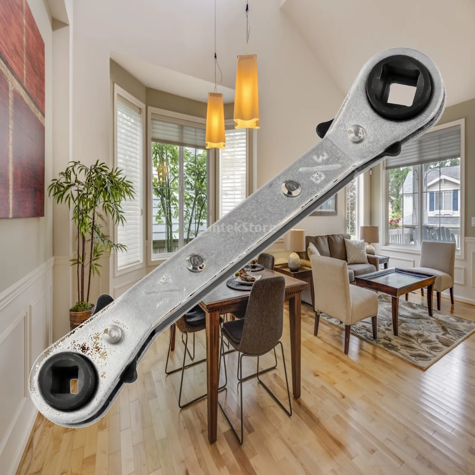 4 Way Refrigeration Ratchet Wrench Flat Design Dual End Reversible Mechanism Metal Body for Air Conditioner Refrigerant Valve
