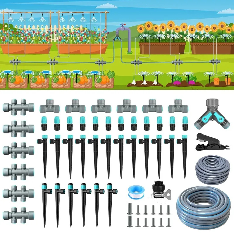 

230FT Drip Irrigation System Kit with Quick-Connect System, Repeatable Assembly PE Hose, Y-Type Distribution Tubing, Three Adjus