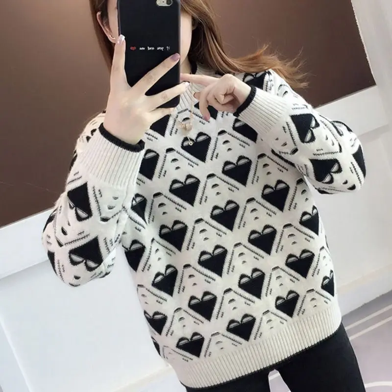 Half High Neck Sweater Loose and Slim Contrast Jacquard Knit 2023 Autumn and Winter New Bottoming Shirt Top Women All-match