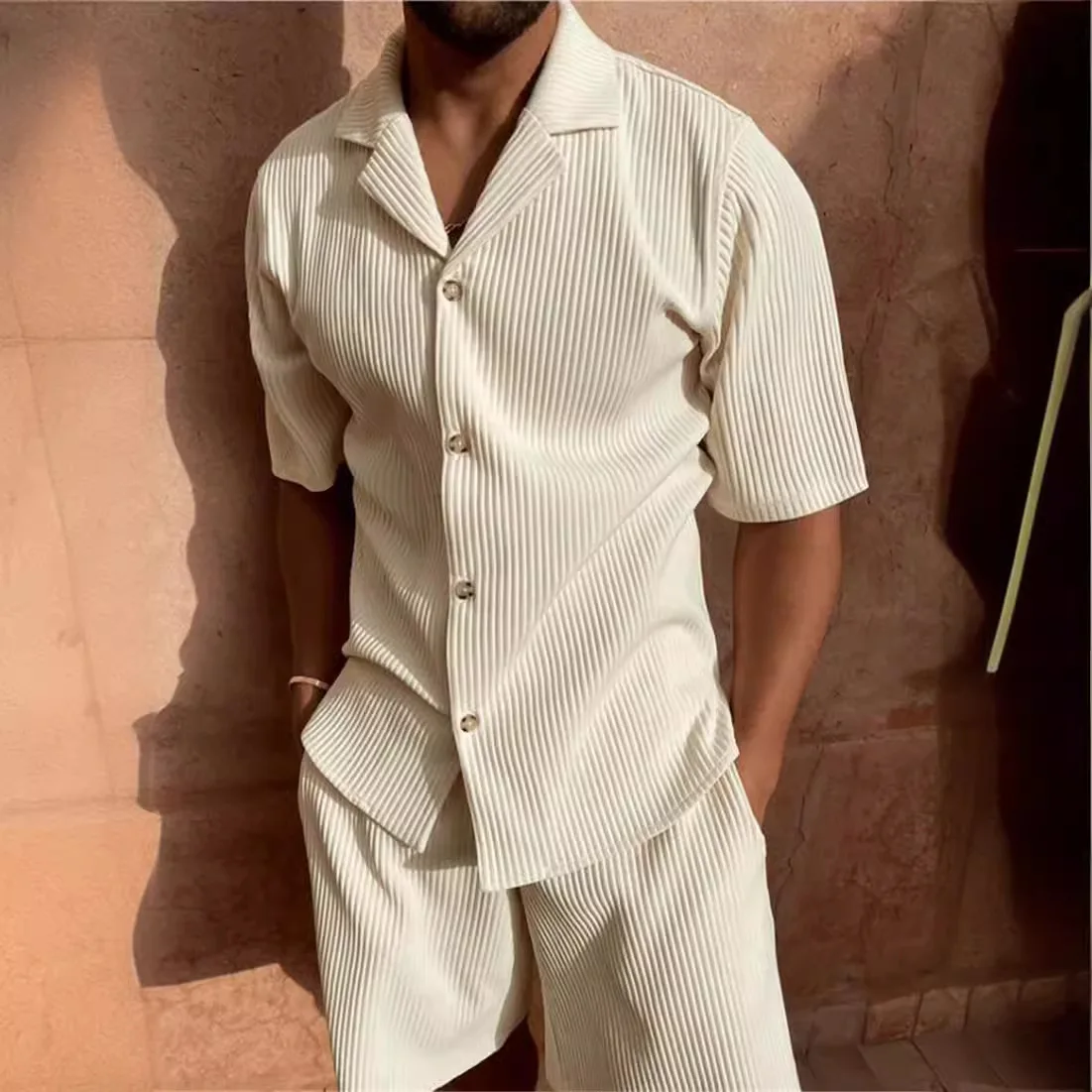 

Men's Casual Corduroy Short Sleeve T-Shirt Shorts Set Sporty Pure Color Turn-down Collar Autumn Cotton Leisure Suit