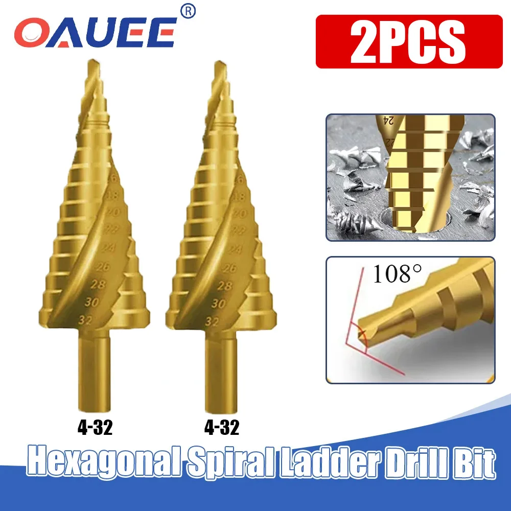 2Pc Golden 4-32mm HSS Spiral Grooved Titanium Coated Step Drill Bit High Speed Steel Metal Wood Hole Cutter Cone Drilling Tool