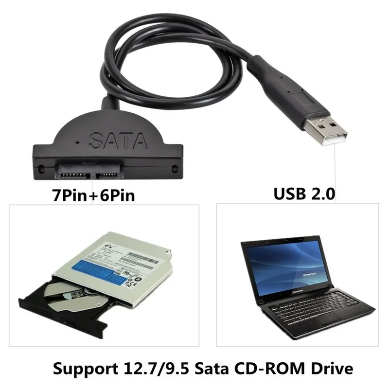 USB 2.0 TO MINI SATA II 7 + 6 13Pin อะแดปเตอร์สำหรับแล็ปท็อป CD/DVD Slimline Drive สายแปลงสายสกรูแบบคงที่ USB 2.0 SATA