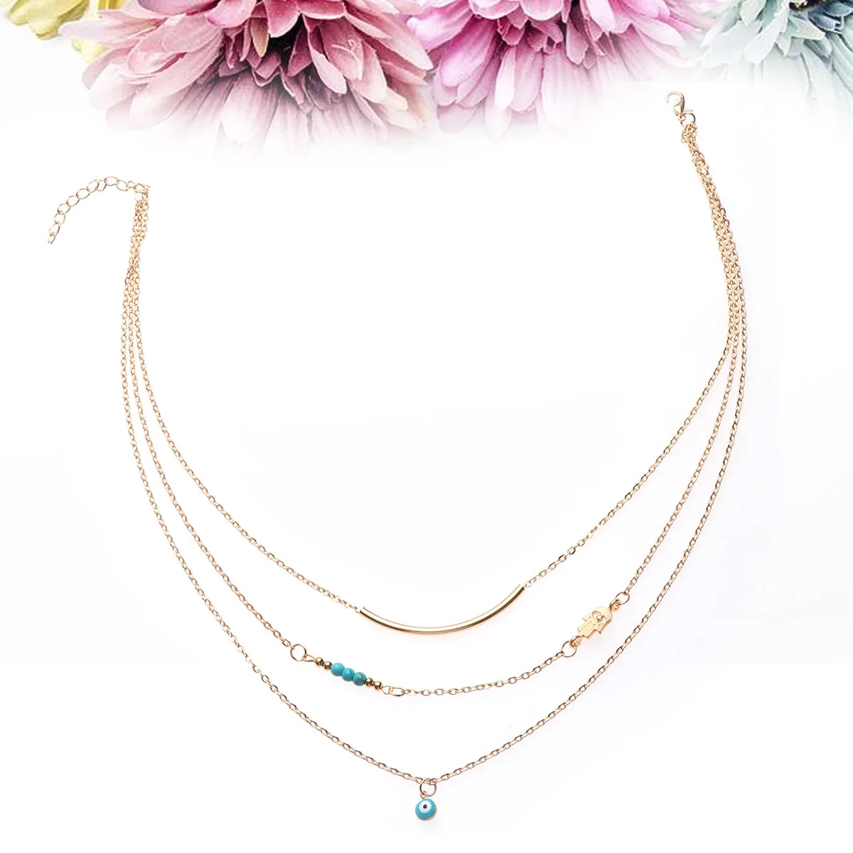 

Lock Necklace For Women Multilayer Pendant Golden Bar Beads Turquoise Tassel Fashion Jewelry Gift Accessory