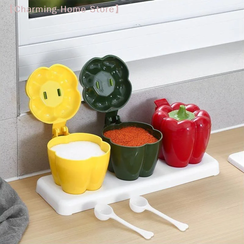【M】Chili Shape Plastic Seasoning Box 2026 New Household 3pcs/set Handle Splicing Apothecary Jar Kitchen Salt Shaker With Scoop
