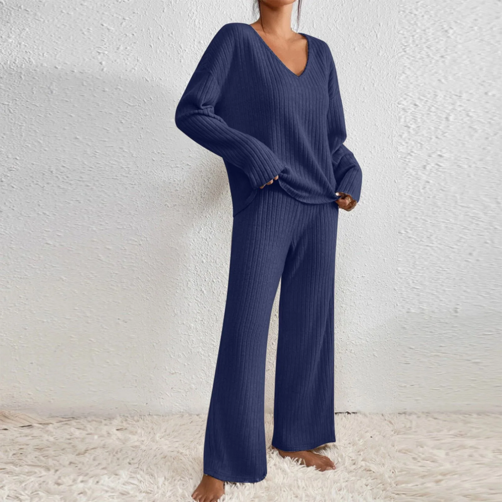 Damen Geripptes Strick-Zweiteiler-Set V-Ausschnitt Langarm-Oberteil Weite Hose Herbst Locker Lässige Loungewear Eleganter Hausanzug – Detail 16