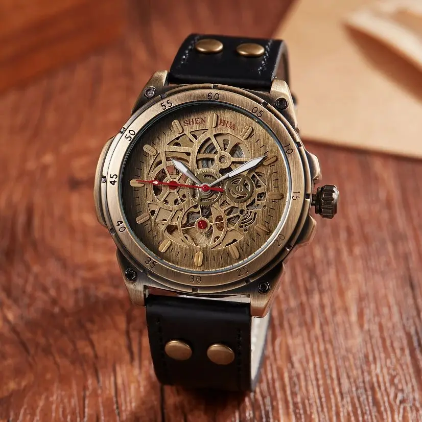 Shenhua Fashion Vintage Watches Men Stainless Steel Automatic Mechanical Watches Men Skeleton Watches Relogio Masculino