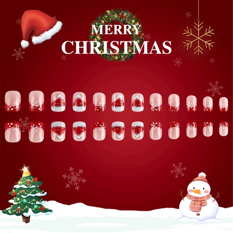 Q1QD 24Pcs Festive Press on Snowflake Nails Set Fashion on Christmas Nails