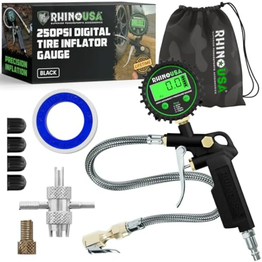 Digital Tire Pressure Gauge with Inflator 250 PSI Professional Air Chuck and Air Compressor Attachments - High Pressure Tire Ga