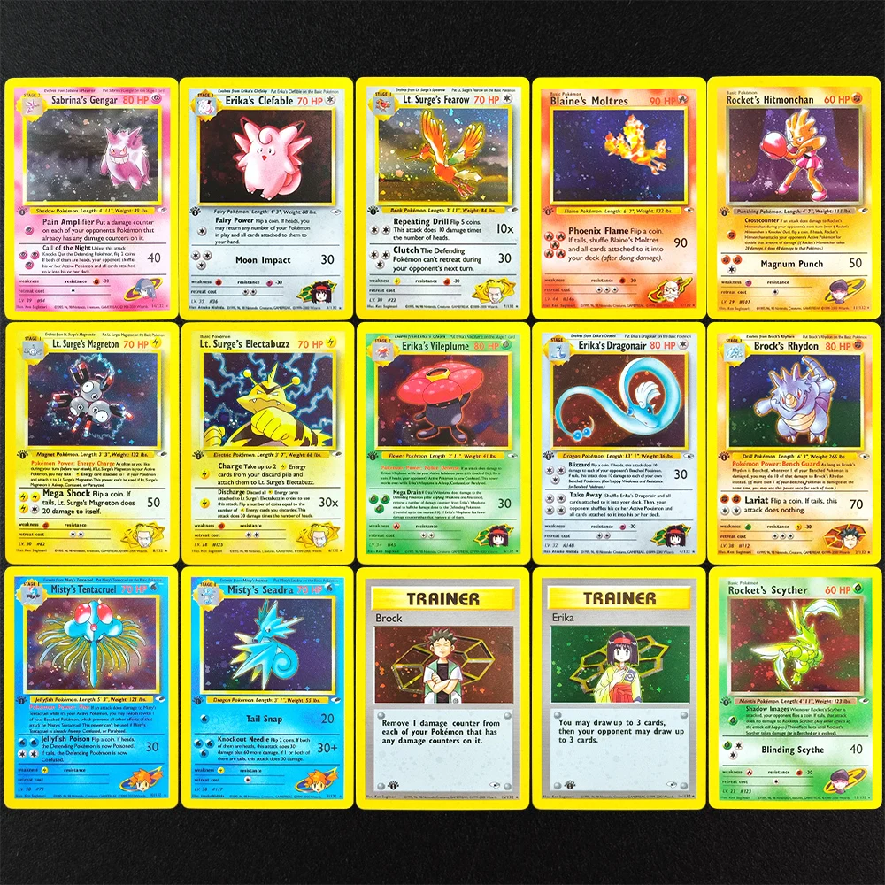 

15Pcs Proxy Pokemon Card EN Gym Challenge 1st Gengar Moltres Erika Brock Mistys Tentacruel Clefable Super Rare Single Anime Card