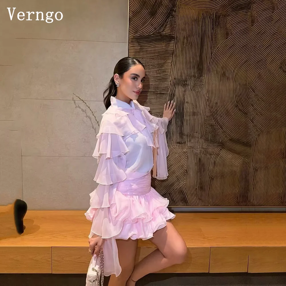 

Verngo Pink Chiffon Mini Formal Occasion dress High Neck Full Sleeves Tiered Elegant Fit Saudi Arabia Party Dress Customized