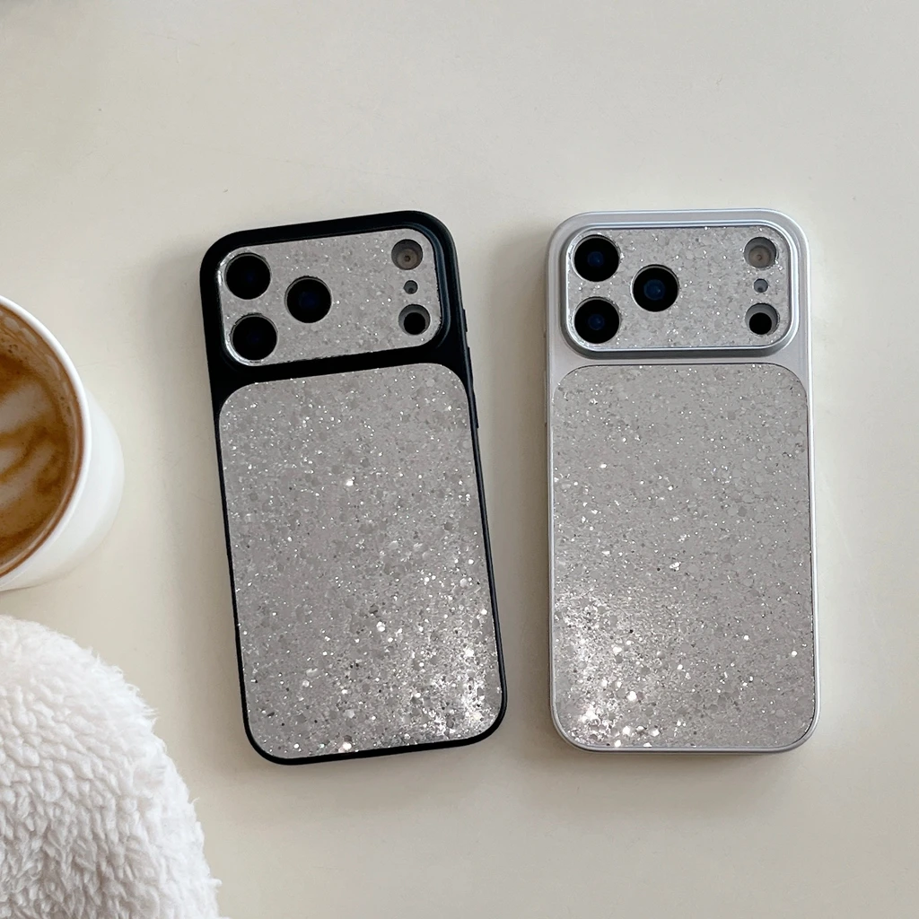 

Роскошный модный противоударный чехол с блестками и блестками черного, серебристого цвета с каймой для iPhone 17, 16, 15, 14 Pro Max