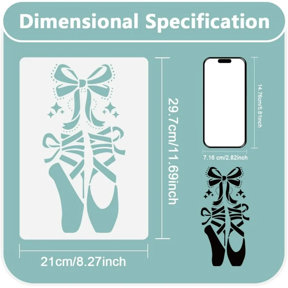 Ballerina on Toes Slippers Shoes Ballet Dance Wall Stencil Template 11.7 x 8.3 Inch Reusable Dancing Shoes Stencil for Painting