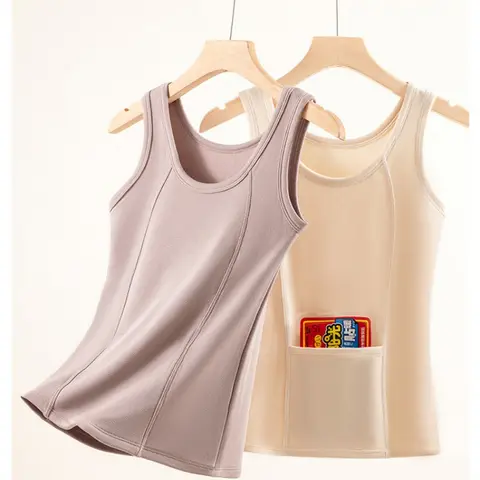 Women's Thermal Underwear Base Layer Shirt Thermal Tank Top Sleeveless Plus Size Camisole Double Pocket Warmer Tops For Women