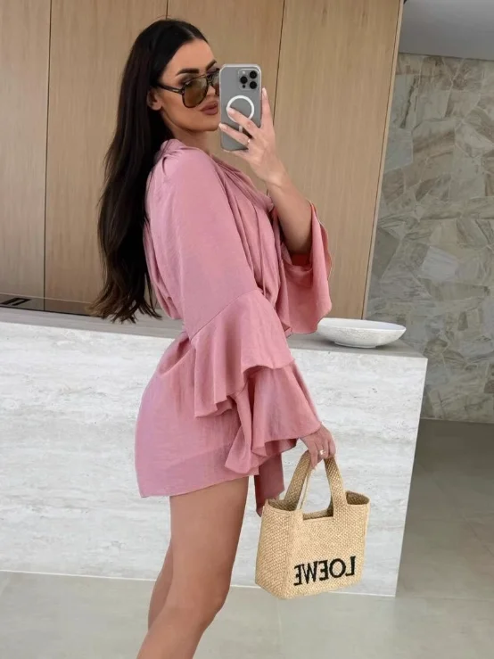 Pink V-ne Loose Long Sve Dr with Belt Autumn New Sle Faionable ort Skirt Commute Simple High Waist Polyester Fiber