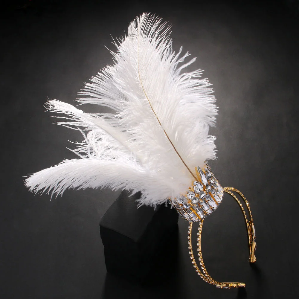 Stonefans Carnival White Queen Feather Crown fascia per capelli accessori per il ballo discoteca geometrica barocca Crystal Crown Tiara per le donne