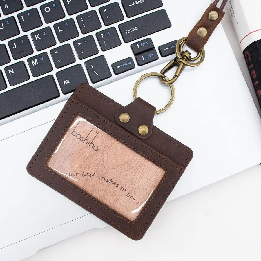 Ausweishalter: Ausweishalter aus Rindsleder mit 19-Umhängeband im horizontalen Stil, dunkelbraun