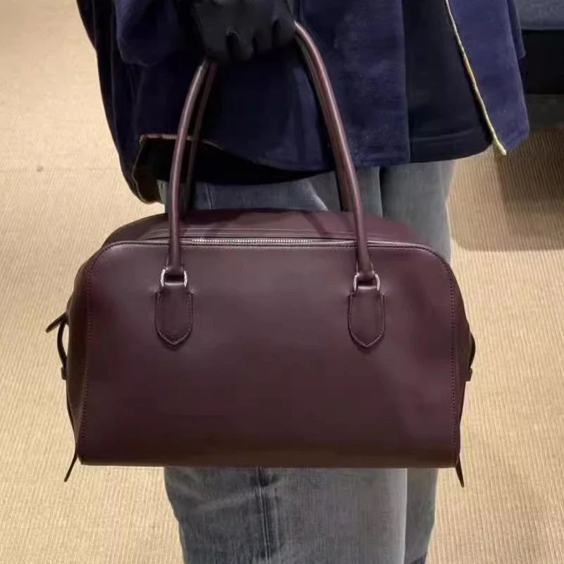 

Genuine Leather Boston Bags For Women Luxury Designer Handbags Purses 2024 New In Vintage Cowhide Simple Commuting Shoulder Tote