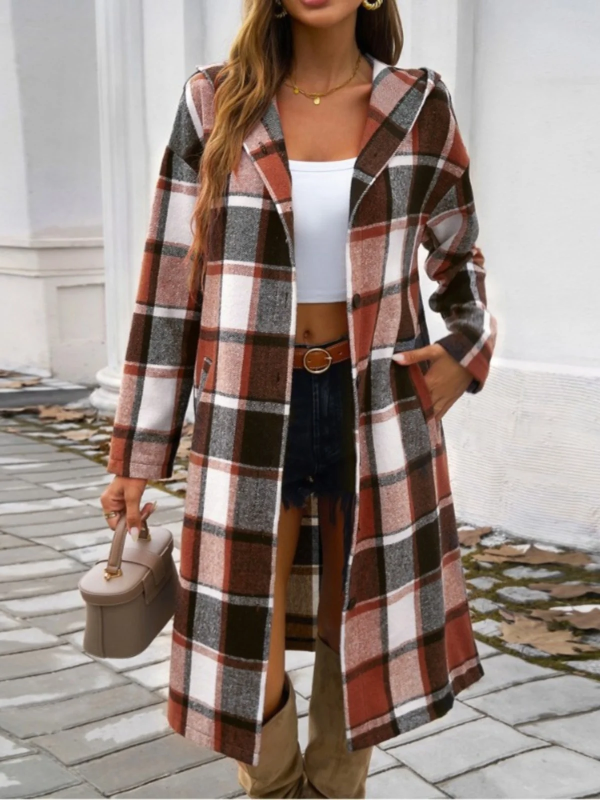 

Autumn New Sle Women's Slimming Plaid Hooded Long Sve Mid-Length Thin Woolen Coat Street Sle Polyester Fiber Coat
