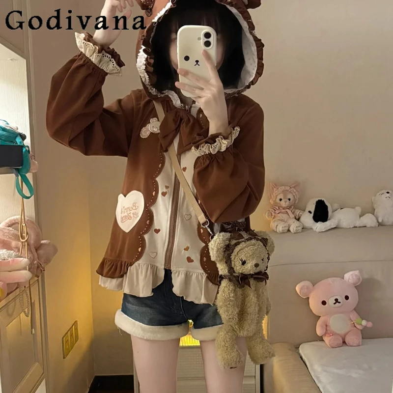 

Original Japanese Soft Girl Kawaii Rabbit Ears Hooded Jacket Spring Autumn New Cute Bow Strawberry Print Top Daughter Short Coat