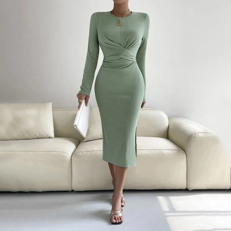 

Women Elegant Long Sleeves O Neck Slim Skinny Bodycon Ruch Folds Dresses Summer Office Lady Commutting Solid Casual Chic Spring