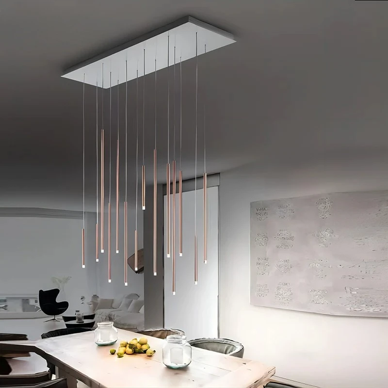 Minimalist Rose Gold Tube LED Chandelier Multi Rod Linear Pendant Light Modern Hanging Lamp for Dining Room Kitchen Island