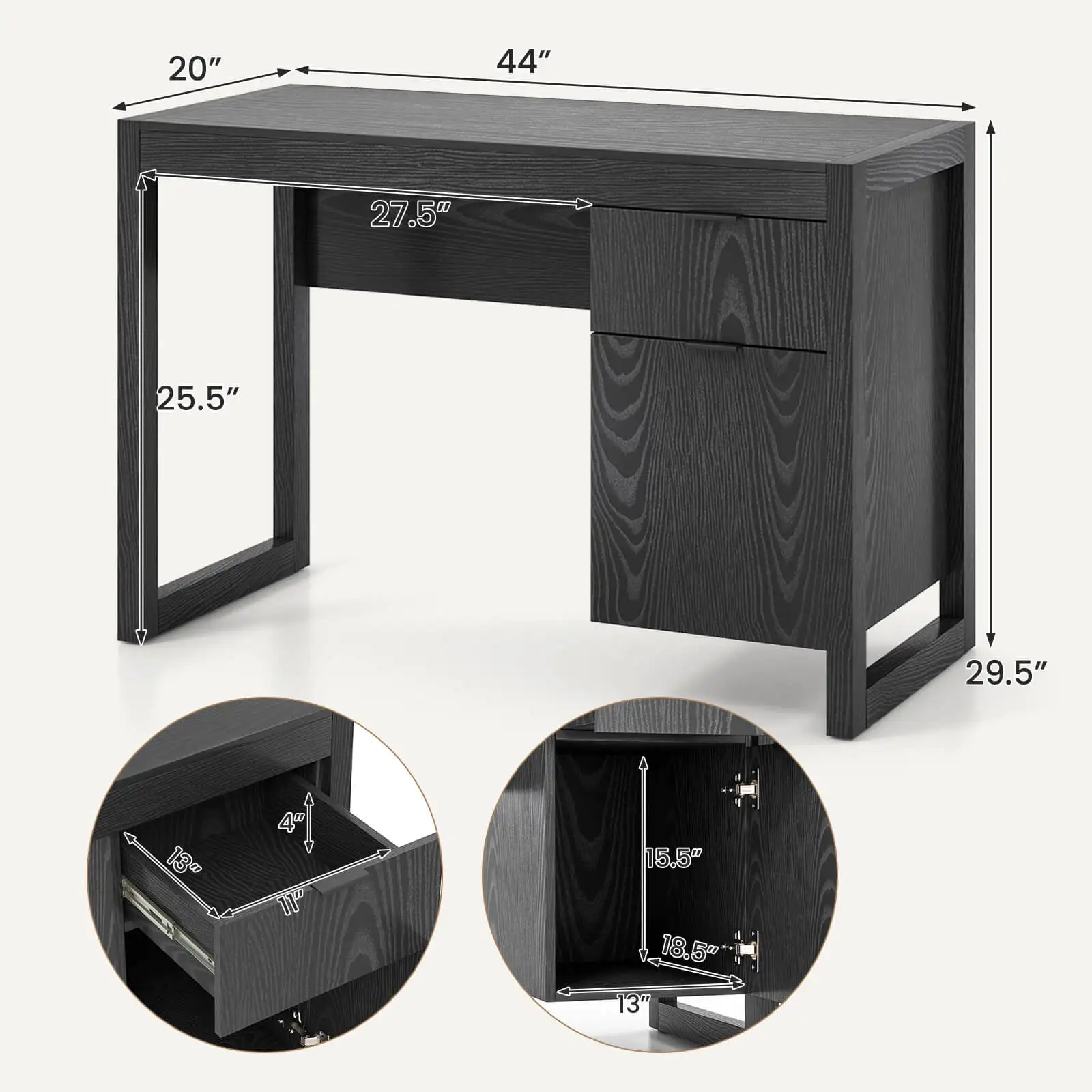 Computer Desk w/ Storage Cabinet Pull-out Drawer Stable Thick Legs for Bedroom