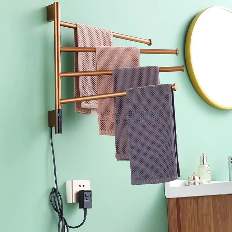 Rose Gold Electric Towel Rail with 4 Heated Towel Bars 180° Rotating Wall Mounted Towel Warmer Rack Holder for Hotel Bathroom