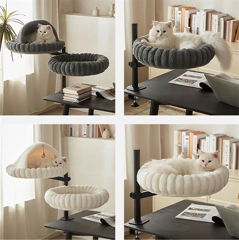 เตียงแมวแบบตั้งโต๊ะพร้อมฝาปิดนุ่มถอดออกได้และโครงเหล็ก เตียงแมวแบบสองด้าน โต๊ะเปลญวนแมว พับได้และมีสไตล์สำหรับสัตว์เลี้ยง