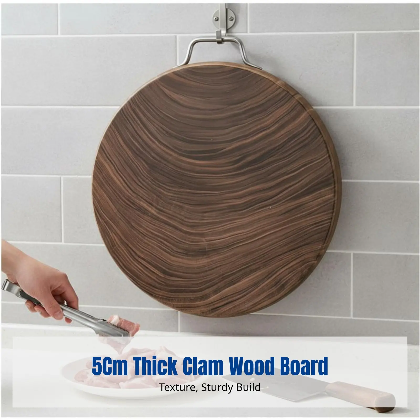 

Clam Wood Butcher Block, Thick Double-Sided Cutting Board, Durable Wood Kitchen Chopping Board with Metal Handle