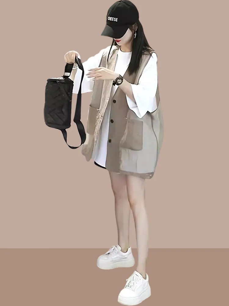 Women's Summer Thin Sleeveless Vest Fashionable Outerwear Small Size Sun Protection Clothes V-neck Mid-length Button Design