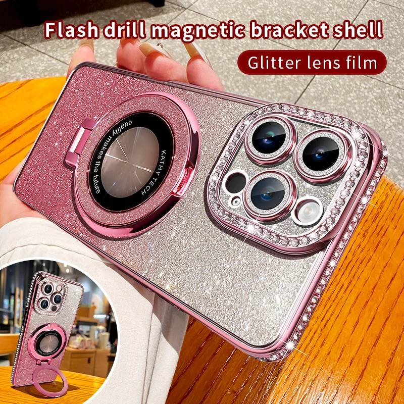 For iPhone 15 14 Plus 13 12 11 Pro Max Phone Case, Flash Powder Gradient Rhinestone Electroplating Bracket Cover