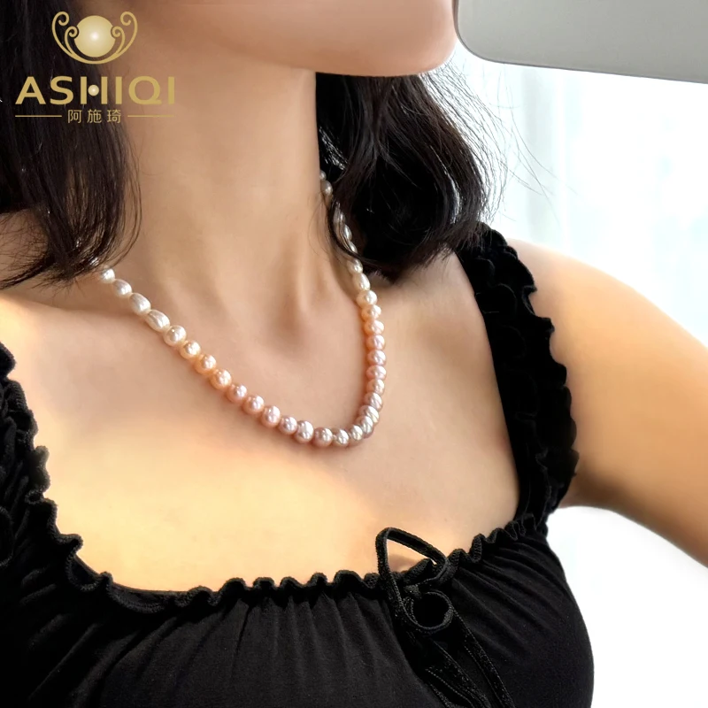 

ASHIQI 925 Sterling Silver Mixed color Natural Freshwater Pearl Gradient Size Necklace Fahion Jewelry for Women