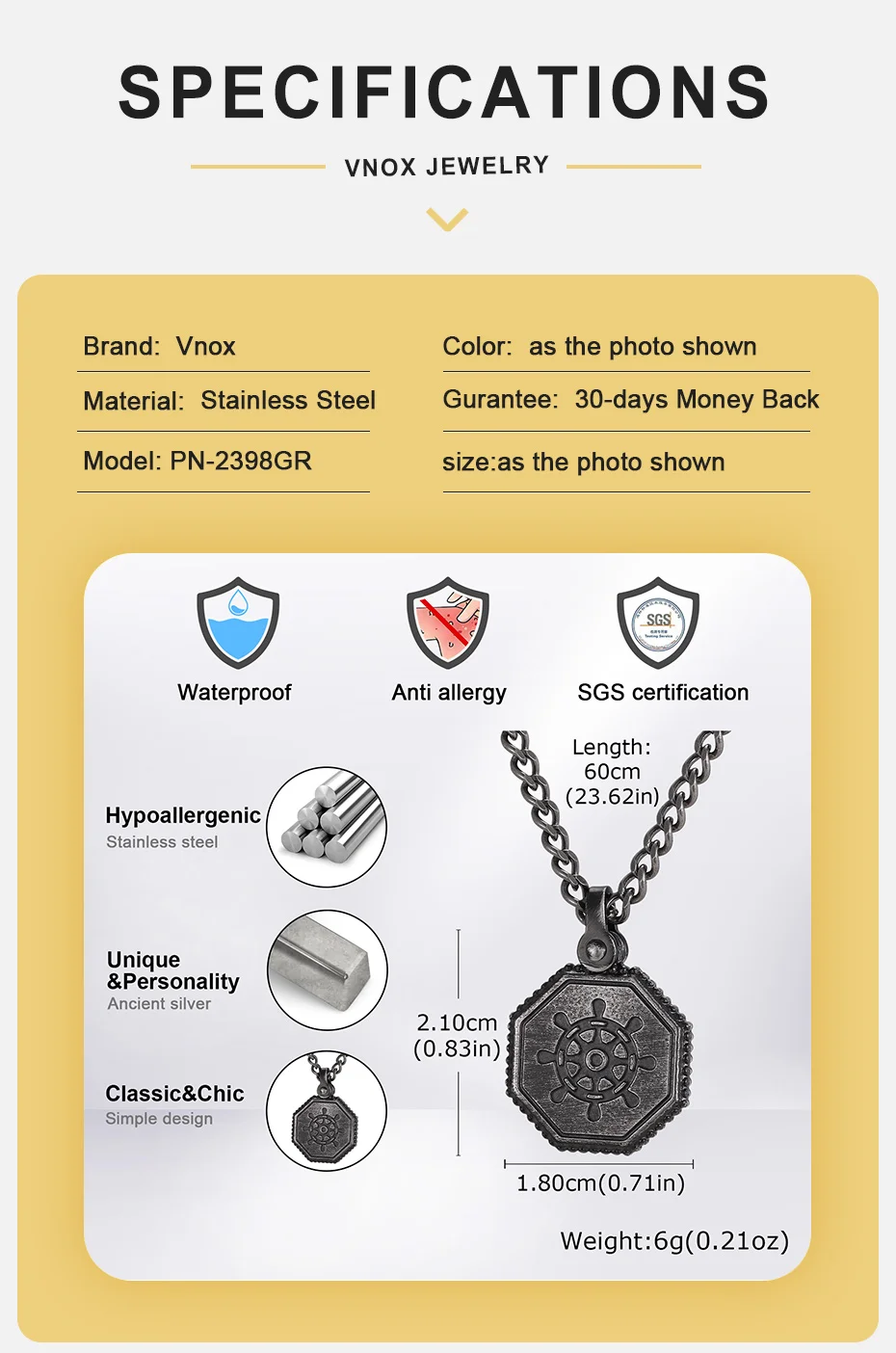 Vnox Retro Achteckiges Schiffsruder Anhänger Halskette für Männer, Edelstahl 60cm Gliederkette Vintage Geometrischer Amulett Schmuck Geschenk – Detail 4